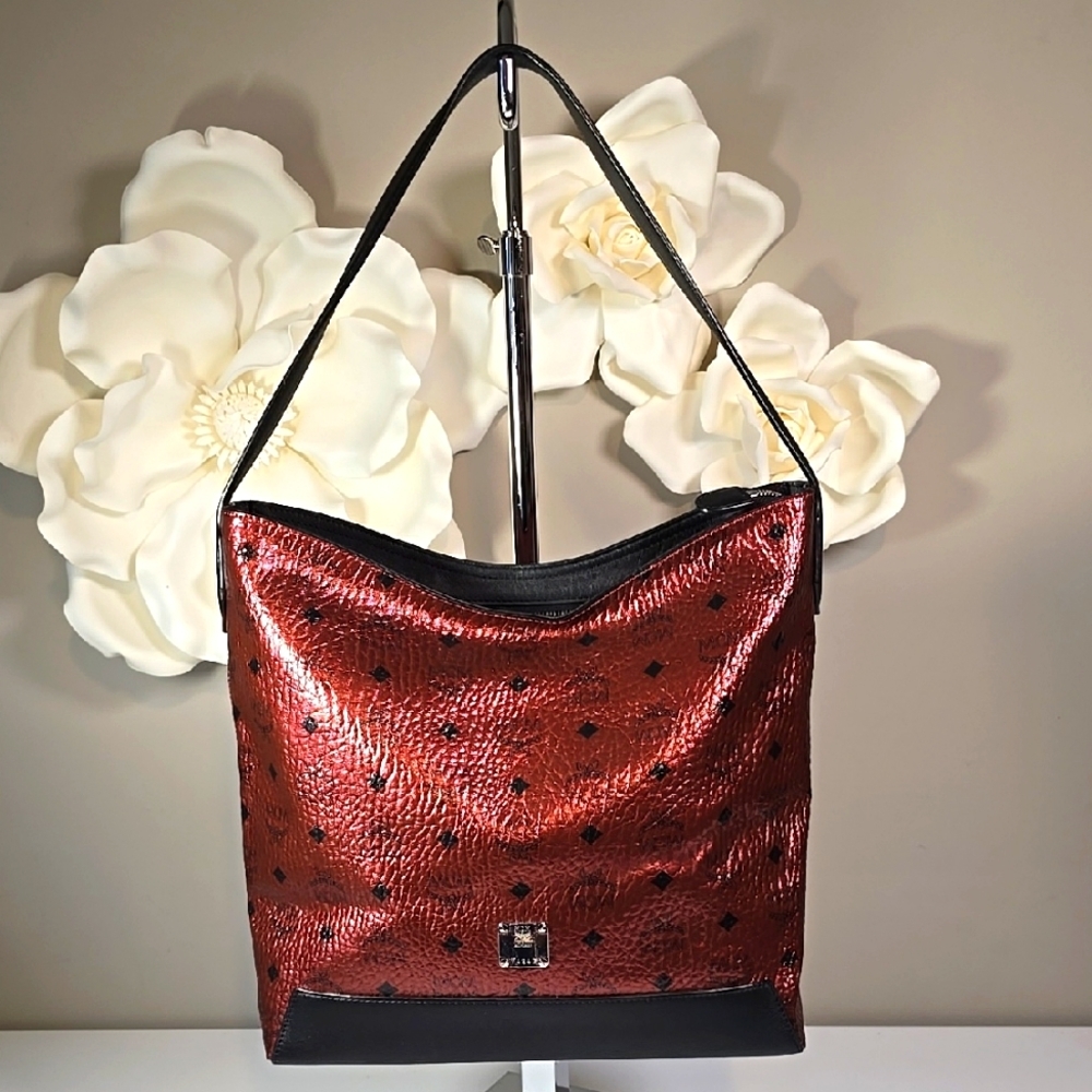 MCM Visetos Metallic Deep Red Burgundy Anya Shopper Tote Bag